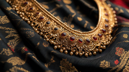 Luxurious Indian gold necklace with intricate patterns and gemstone details, beautifully displayed on a royal silk fabric, capturing cultural heritageの素材