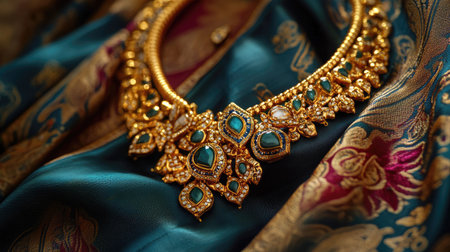 Luxurious Indian gold necklace with intricate patterns and gemstone details, beautifully displayed on a royal silk fabric, capturing cultural heritageの素材