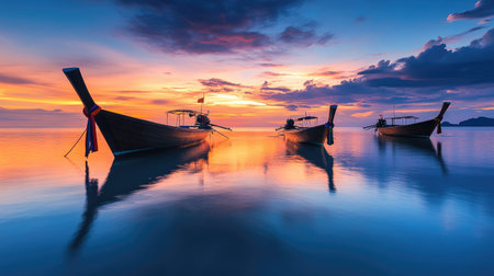 Long-tail boats silhouetted on the horizon, with the first rays of the morning sun reflecting on the tranquil waters of Rawai Beach, Phuket.の素材