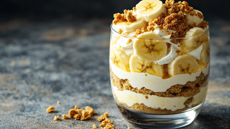 Layered banana pudding parfait in a clear glass, featuring banana slices, whipped cream, and cookie crumbles, with blank copy space for text.の素材