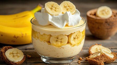 Delicious banana pudding with soft vanilla wafers, banana slices, and smooth pudding, topped with whipped cream, set on a wooden table.の素材