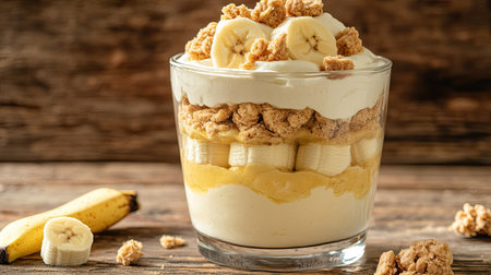 Glass cup of banana pudding parfait, filled with creamy layers, banana slices, and cookie chunks, with empty space for copy.の素材