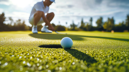 Golfer in a crouched position, preparing to putt the ball into the hole on a perfectly trimmed green, focusing on the shot.の素材