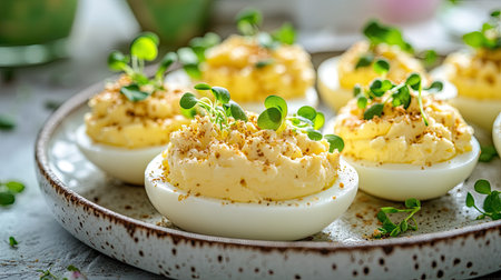 Freshly made deviled eggs topped with cheese and mustard, delicately sprinkled with microgreens, arranged on a plate for Easter brunch.の素材