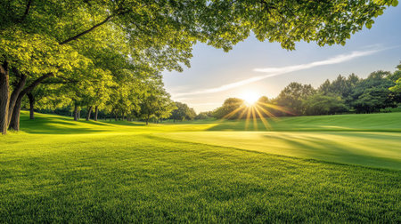 Golf course fairway stretching into the distance, green grass and trees framing the serene landscape on a clear day.の素材