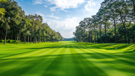 Golf course fairway with perfectly maintained grass, lined with tall trees under a bright sky, offering a serene landscape for golfers.の素材