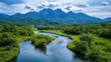 Stunning view of the Azusa River winding through the lush greenery of KamikAchi, with the Hotaka Mountains towering in the background, creating a serene and scenic landscape.の素材