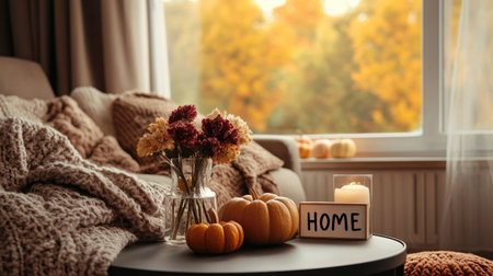 Warm and cozy autumn living room scene with a blanket, pumpkins, flowers, and 'home' on a coffee table, perfect for cold-weather relaxation.の素材