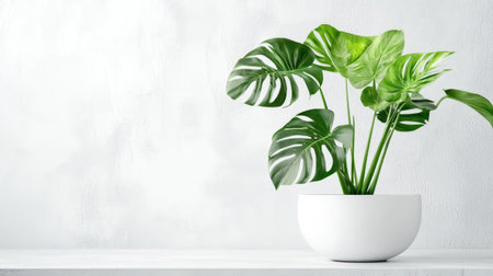 Simple, modern setting with Monstera deliciosa in a white planter on a white backdrop. The vibrant green leaves stand out, bringing a touch of nature indoors.の素材