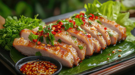 Crispy pork slices topped with fish sauce and fresh red chili, beautifully plated with vibrant greens on the side, highlighting a spicy Thai dish.の素材