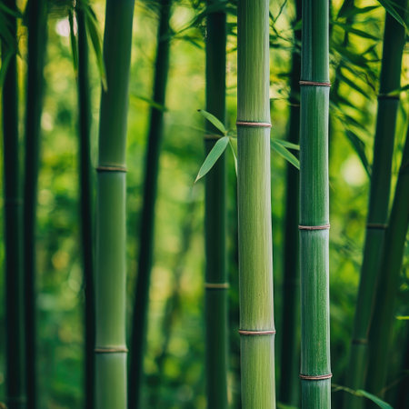 Tranquil bamboo grove with tall green stalks growing close together, creating a serene natural setting. aeの素材