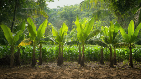 Row of Dwarf Cavendish banana trees in a lush plantation with banana flowers and broad leaves in a tropical landscape.の素材
