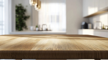Wooden table top in focus, with a clean, white kitchen interior blurred in the background. Soft bokeh lighting adds depth for product or dining displays.の素材