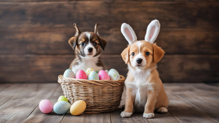Two adorable puppies wearing bunny ears sitting by a basket of colorful eggs on a wooden floor. A playful and festive Easter scene with room for text.の素材