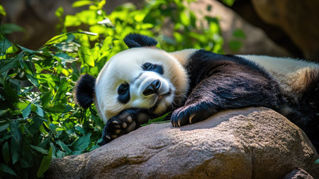 Sleeping giant panda resting its head on a rock, surrounded by green foliage in a zoo enclosure. A cute and tranquil scene of zoo life.の素材