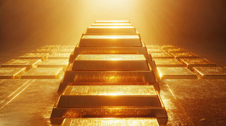 Stack of gold bars neatly arranged on a golden floor, shining under bright light. A powerful symbol of riches, success, and economic wealth.の素材