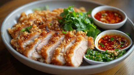 Golden crispy pork slices served with a side of fish sauce and chili, creating a delicious contrast of flavors and textures.の素材