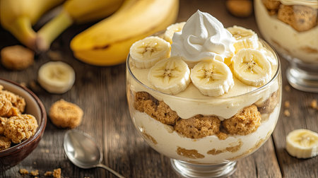 Delicious banana pudding with soft vanilla wafers, banana slices, and smooth pudding, topped with whipped cream, set on a wooden table.の素材