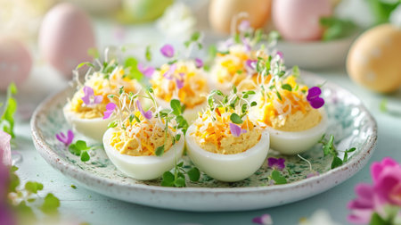 Deviled eggs decorated with cheese, mustard, and microgreens on a plate, surrounded by Easter decor, pastel colors adding a festive touch.の素材