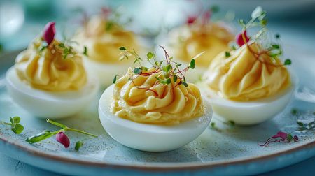 Elegant deviled eggs topped with cheese, mustard, and microgreens, plated beautifully for Easter celebrations, pastel accents creating a holiday vibe.の素材