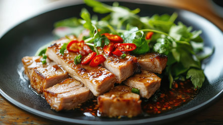 Crispy pork slices topped with fish sauce and fresh red chili, beautifully plated with vibrant greens on the side, highlighting a spicy Thai dish.の素材