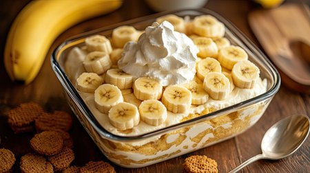 Banana pudding in a clear dish, showing creamy vanilla pudding, banana slices, and wafers, topped with whipped cream, with a spoon ready to serve.の素材