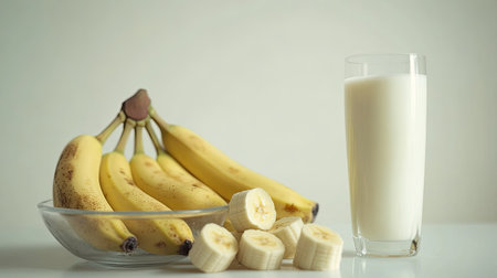 Cinematic shot of whole bananas in a glass bowl, accompanied by a tall glass of milk, with a soft, white background.の素材
