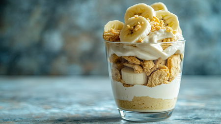 Banana pudding dessert in a glass cup, with layers of vanilla cookies, banana slices, and pudding, set against a minimalist background.の素材
