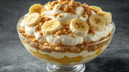 Bowl of banana pudding with rich vanilla layers, fresh banana slices, and soft wafers, finished with a topping of whipped cream and cookie crumbs.の素材
