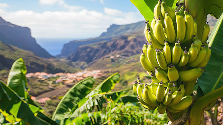 Close-up of Dwarf Cavendish bananas growing on the tree, with the volcanic landscape of Tenerife in the background.の素材