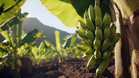 Close-up of a healthy Dwarf Cavendish banana bunch hanging from a tree, with the volcanic soil of Tenerife visible below.の素材