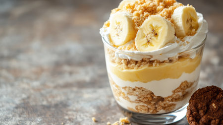 Banana pudding parfait served in a glass cup, topped with whipped cream, banana slices, and cookie crumbs, with blank space on the side.の素材