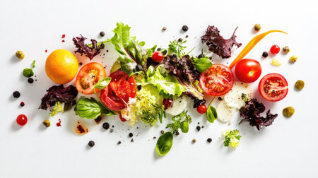 Artistic food styling of a vibrant salad with fresh ingredients, captured in cinematic detail on a white background.の素材