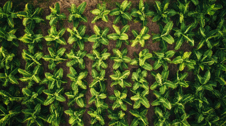 Aerial view of a Dwarf Cavendish banana plantation in the Canary Islands, showcasing rows of banana plants and broad leaves.の素材