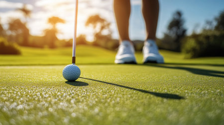 Close-up of a golfer putting the golf ball, aiming carefully at the hole on a smooth green course. Precision and concentration.の素材
