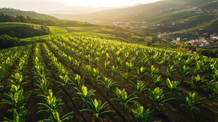 Aerial view of a Dwarf Cavendish banana plantation in Tenerife, Spain, with rows of banana plants stretching into the distance.の素材