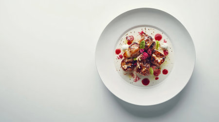 Cinematic plating of a gourmet dish with intricate details, set on a minimalist white background.の素材