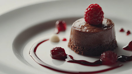 Close-up cinematic shot of a dessert plate with rich textures, perfectly lit against a white background.の素材