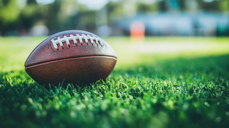 Close-up of a football resting on lush green grass with a blurred stadium backdrop, perfect for sports promotions or team spirit designs.の素材