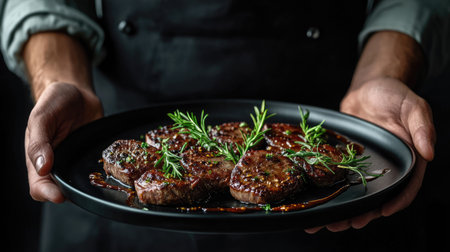 Chef displaying a black plate with perfectly cooked veal medallions, garnished with fresh herbs and artful sauce strokes, on a dark background.の素材