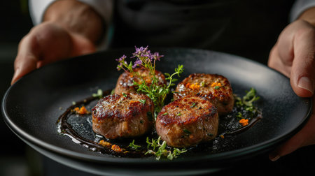 Close-up of veal medallions on a black plate, garnished with herbs, elegant sauce strokes, and a small flower, held by a professional chef.の素材