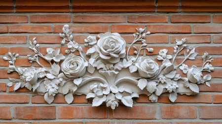 A detailed brick cladding wall with white stucco flowers and vines, creating a classic decorative touch.の素材
