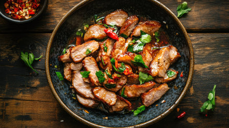 A plate of crispy pork slices, drizzled with fish sauce and chili, served on a rustic wooden table, perfect for a Thai-inspired meal.の素材