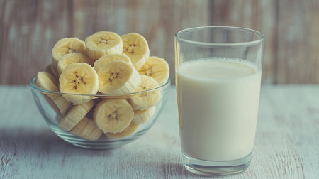 A glass bowl full of fresh banana slices, served with a glass of cold milk, on a light wooden surface, with copy space.の素材