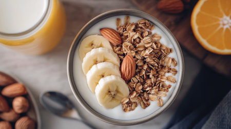 A fresh breakfast scene with a yogurt bowl topped with granola, bananas, and almonds, next to milk and orange juice, shot from a top-down perspective.の素材