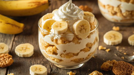 A serving of banana pudding with golden wafers, sliced bananas, and vanilla pudding, topped with whipped cream, placed on a rustic wooden table.の素材