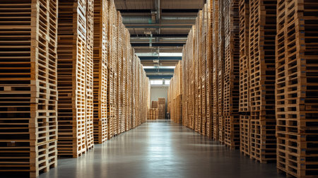 Clean industrial warehouse with wooden pallets stacked evenly, reflecting a professional and well-organized storage environment.の素材