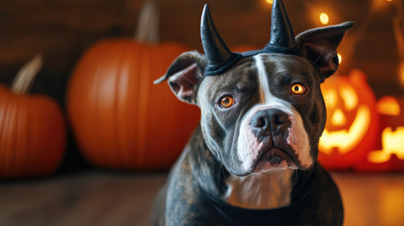 Close-up of an American Bully dog wearing a devil costume, horns perfectly perched on its head as it sits patiently, prepared for Halloween festivities. Glowing pumpkins in the background.の素材