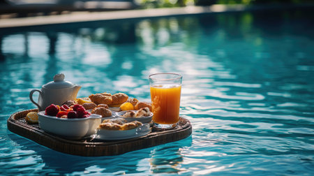 Luxury breakfast set floating on a tray in a resort swimming pool, featuring fresh juice, pastries, and fruit, creating a tranquil and indulgent experienceの素材
