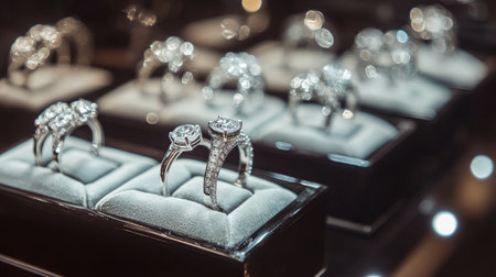 Luxury display case filled with diamond rings in a high-end jewelry store. The rings are elegantly arranged under warm spotlights.の素材